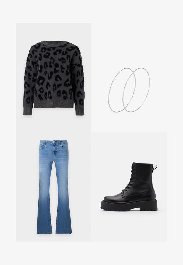 Grå sweater i blødt stof med sort leopardprint, rund halsudskæring og ribbede manchetter og kant. Teksturerede lapper tilføjer dimension.; Lysblå, flagrende jeans med en falmet finish, der har en frontknap og lynlås lukning, fem-lomme design og synlige syningsdetaljer.; Sorte læder ankelstøvler med rund tå, snørebånd foran og en tyk gummisål med struktureret slidbane. Hæfteløkke bagpå.; Sølvøreringe med et minimalistisk design. Cirkulær form, glat tekstur og tynd profil. Letvægtige med en poleret overflade.