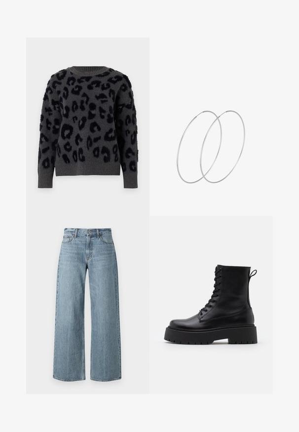 Hall hall ja pehmeast kangast hallipullover musta leopardimustriga, ümmargune kaelus ning soonikotsad ja -äär. Tekstuuriga plaastrid lisavad kolmemõõtmelisust.; Heledad sinine denim laiad püksid kõrge vöökoht, millel on kulunud tekstuur, viis taskut ja ette nööp sulgemine.; Mustad mustad nahast pahkluu saapad ümarate varvastega, nööridega esiosas ja paksu kummist talla ning tekstuuritud mustriga. Tagumine tõmbeaas.; Hõbedased rõngastikkaehingad minimalistlikus disainis. Ümar kuju, sile tekstuur ja õhuke profiil. Kerged ning poleeritud viimistlusega.