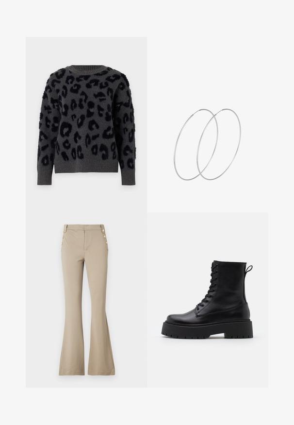 Pull gris en tissu doux avec imprimé léopard noir, col rond et finitions côtelées aux poignets et à l'ourlet. Des empiècements texturés ajoutent de la dimension.; Pantalons évasés beiges en tissu doux, avec une taille ajustée et cinq boutons décoratifs dorés de chaque côté. Texture lisse sans motifs.; Bottines en cuir noir avec un bout rond, un laçage à l'avant et une épaisse semelle en caoutchouc dotée d'un motif texturé. Tirer au dos.; Boucles d'oreilles en argent au design minimaliste. Forme circulaire, texture lisse et profil fin. Légères avec une finition polie.