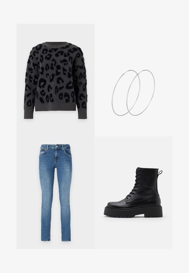 Suéter gris de tejido suave con estampado de leopardo negro, escote redondo y puños y dobladillo acanalados. Los parches texturizados añaden dimensión.; Jeans ajustados de denim azul con acabado desgastado, que cuentan con cinco bolsillos, trabillas para el cinturón y un cierre de cremallera con botón.; Botas de cuero negras hasta el tobillo con punta redonda, cordones en la parte delantera y una suela de goma gruesa con un dibujo texturizado. Tirador en la parte trasera.; Pendientes de aro plateados con un diseño minimalista. Forma circular, textura suave y perfil delgado. Livianos con un acabado pulido.