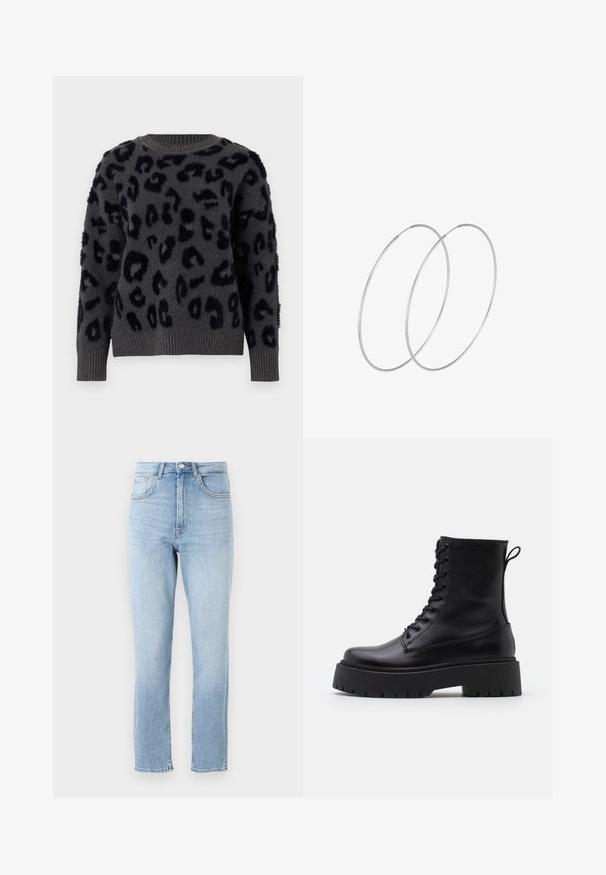 Pelēks džemperis no mīksta auduma ar melnu leoparda rakstu, apaļu izgriezumu un ribotām piedurknēm un apakšmalu. Teksturētie pleci piešķir dimensiju.; Gai zilgani džinsi ar augsto jostasvietu, taisnām kājām, piecām kabatām un vieglu izbalēšanu. Iekļauj pogu un rāvējslēdzēju.; Melni ādas potītēm zābaki ar apļveida purngalu, auklām priekšpusē un biezu gumijas zoli ar teksturētu protektoru. Velkšanas cilpa aizmugurē.; Sudraba gredzenveida auskari ar minimālistisku dizainu. Cirkulāra forma, gluda tekstūra un plāns profils. Vieglu svaru ar spīdīgu apdari.