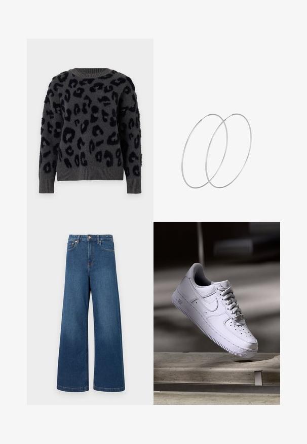 Pelēks džemperis no mīksta auduma ar melnu leoparda rakstu, apaļu izgriezumu un ribotām piedurknēm un apakšmalu. Teksturētie pleci piešķir dimensiju.; Platas kājas zema apģērba džinsi tumši zilā krāsā. Iezīmes augsta jostasvieta, pogu aizdare un klasiskā piecu kabatu dizains ar kontrastējošu šuvju. ; Balts Nike Air Force 1 kurpes, kas levitē virs betona virsmas ar ēnām minimālistiskā vidē.; Sudraba gredzenveida auskari ar minimālistisku dizainu. Cirkulāra forma, gluda tekstūra un plāns profils. Vieglu svaru ar spīdīgu apdari.