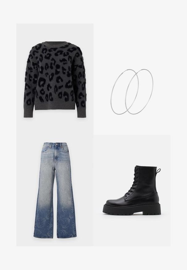 Sivi pulover od mekanog materijala s crnim leopardskim uzorkom, okruglim izrezom i rebrastim manžetama i rubom. Teksturalne zakrpe dodaju dimenziju.; Široke traperice u svijetloplavom denimu s uzorcima srebrnih eksplozija zvijezda. Visok struk s kopčanjem na dugme i klasičnim dizajnom s pet džepova.; Crne kožne gležnjače s okruglim vrhom, vezanjem sprijeda i debelim gumenim potplatom s teksturiranim uzorkom. Tipa: traka za vuču na stražnjoj strani.; Srebrne okrugle naušnice s minimalističkim dizajnom. Kružni oblik, glatka tekstura i tanak profil. Lagane s poliranim završetkom.
