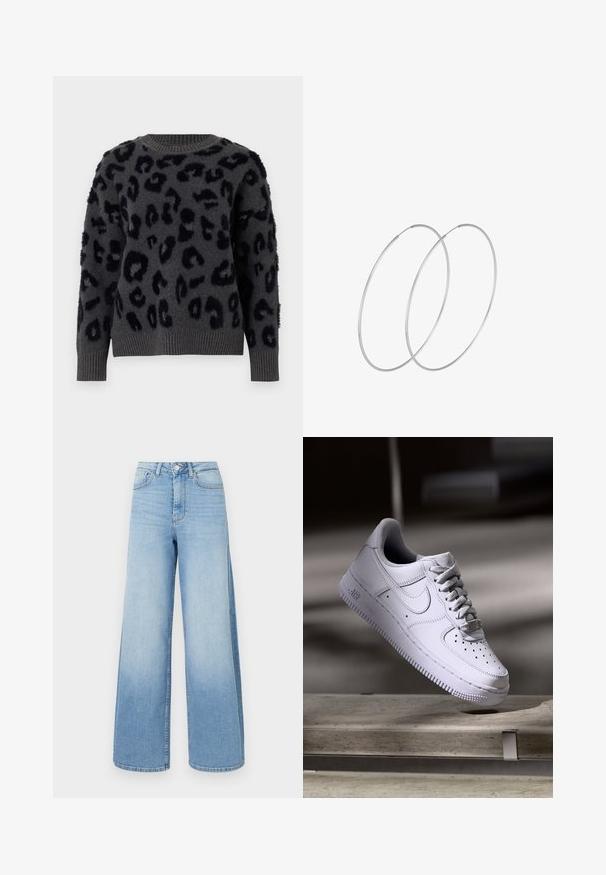 Siva pulover iz mehkega materiala z črnim leopardjim vzorcem, okroglim izrezom ter rebrastimi manšetami in robom. Teksturne plošče dodajajo dimenzijo.; Svijetloplave široke traperice izrađene od denima. Visoki struk s kopčanjem na gumb i pet džepova. Osvjetljeni detalji bliže rubu.; Bela superga Nike Air Force 1, ki lebdi nad betonsko površino s sencami v minimalističnem okolju.; Srebrne uhane v obliki obroča z minimalističnim dizajnom. Krožna oblika, gladka tekstura in tanek profil. Lahki s poliranim zaključkom.