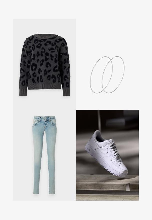 Sivi pulover od mekanog materijala s crnim leopardskim uzorkom, okruglim izrezom i rebrastim manžetama i rubom. Teksturalne zakrpe dodaju dimenziju.; Svijetloplavi uski traperice s klasičnim dizajnom pet džepova, kopčom na dugme i izblijedjelom teksturom denima s blagom varijacijom boje.; Bijela Nike Air Force 1 tenisica lebdi iznad betonske površine s sjenama u minimalističkom okruženju.; Srebrne okrugle naušnice s minimalističkim dizajnom. Kružni oblik, glatka tekstura i tanak profil. Lagane s poliranim završetkom.