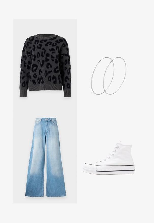 Hall hall ja pehmeast kangast hallipullover musta leopardimustriga, ümmargune kaelus ning soonikotsad ja -äär. Tekstuuriga plaastrid lisavad kolmemõõtmelisust.; Heledad sinine laiad teksad pleekinud pesuga, millel on nööbi kinnitamine, vööloopide ja klassikaline viie tasku disain.; Valge kõrgem kangast tenniseking, millel on must kummist tald, ees kummist varvasetugi ja kuus aukku paelte jaoks, pakkudes puhta ja minimalistliku disaini.; Hõbedased rõngastikkaehingad minimalistlikus disainis. Ümar kuju, sile tekstuur ja õhuke profiil. Kerged ning poleeritud viimistlusega.