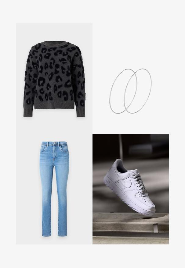 Siva pulover iz mehkega materiala z črnim leopardjim vzorcem, okroglim izrezom ter rebrastimi manšetami in robom. Teksturne plošče dodajajo dimenzijo.; Svijetloplave traperice s ravnim krojem, visokim strukom, klasičnim pet džepova i suptilnim detaljima izblijeđenosti.; Bela superga Nike Air Force 1, ki lebdi nad betonsko površino s sencami v minimalističnem okolju.; Srebrne uhane v obliki obroča z minimalističnim dizajnom. Krožna oblika, gladka tekstura in tanek profil. Lahki s poliranim zaključkom.