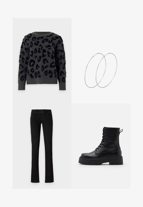 Hall hall ja pehmeast kangast hallipullover musta leopardimustriga, ümmargune kaelus ning soonikotsad ja -äär. Tekstuuriga plaastrid lisavad kolmemõõtmelisust.; Mustad mustad-fite teksased kahte esikotti, vöökummid ja topelt-nööbiga kinnitusega, esitlemas ühtlasel valgel taustal.; Mustad mustad nahast pahkluu saapad ümarate varvastega, nööridega esiosas ja paksu kummist talla ning tekstuuritud mustriga. Tagumine tõmbeaas.; Hõbedased rõngastikkaehingad minimalistlikus disainis. Ümar kuju, sile tekstuur ja õhuke profiil. Kerged ning poleeritud viimistlusega.