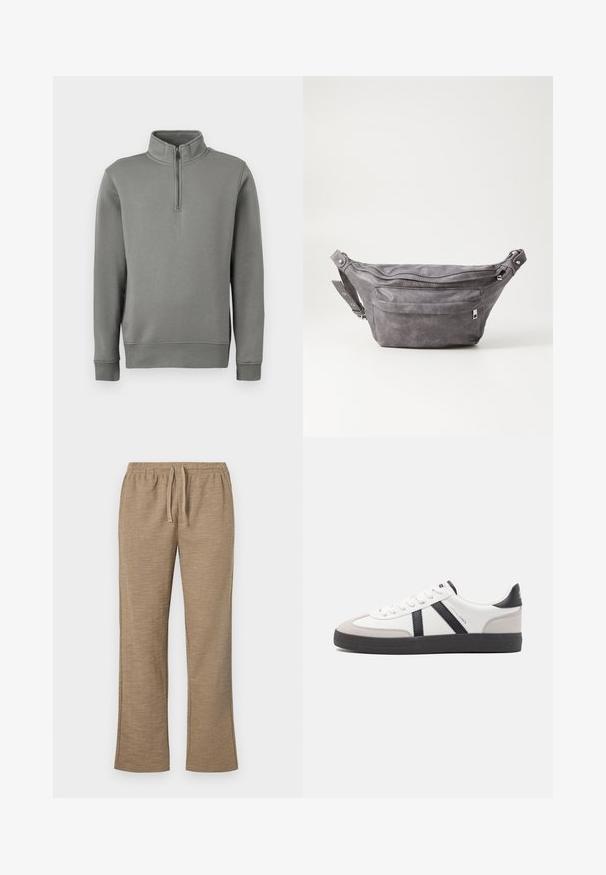 Grå pullover sweatshirt med en halv lynlås-krave, ribbede manchetter og en lige kant. Fremstillet af blødt stof med en glat overflade.; Beige bukser med et struktureret mønster, der har en elastisk talje med snørebånd. Lige ben design med en let udvidet bund.; Hvide sneakers med sorte og grå detaljer, med en tekstureret grå tåhætte, sort gummisål og flade hvide snørebånd. Rent design, minimalistisk stil.; Grå suedefanny pack med en rund form, to lynlåslommer og justerbart strop. Har metalhardware detaljer.