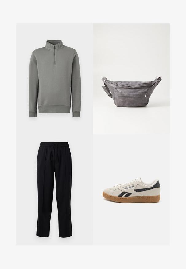 Šedé mikina s polovičným zipsom a ribovanými manžetami, s rovnou spodnou časťou. Vyrobené z jemnej látky s hladkou textúrou.; Čierne nohavice vyrobené z jemného, ľahkého materiálu. Majú elastický pás s šnúrkou, rovný strih a predné záhyby.; Reebok tenisky z béžovej semišovej kože s čiernymi akcentmi. Majú gumenú podrážku, tradičné šnurovanie a polstrovaný golier pre pohodlie.; Sivá semišová ľadvinka s okrúhlym tvarom, dvoma zipsovými priehradkami a nastaviteľným popruhom. Obsahuje kovové prvky.