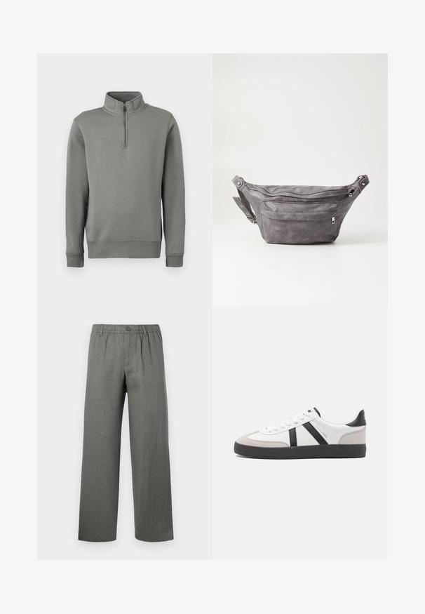 Gray pullover sweatshirt with a half-zip collar, ribbed cuffs, and a straight hem. Made of soft fabric with a smooth texture.; Grey linen trousers with a relaxed fit, elastic waistband, button closure, and straight legs. Smooth texture, minimalistic design.; White sneaker with black and gray accents, featuring a textured gray toe cap, black rubber sole, and flat white laces. Clean design, minimalist style.; Gray suede fanny pack with a rounded shape, two zippered compartments, and adjustable strap. Features metal hardware accents.