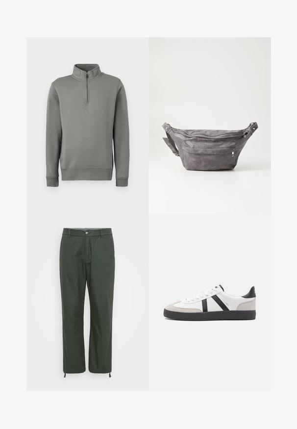 Šedý pulovrový svetr s polo zipem, ribovanými manžetami a rovním lemem. Vyrobeno z měkké tkaniny s hladkou strukturou.; Kalhoty v tmavě zelené barvě, vyrobené z hladké tkaniny. Rovný střih s knoflíkovým zapínáním, nastavitelné stahovací šňůrky na lemu.; Bílé tenisky s černými a šedými akcenty, opatřené texturovaným šedým prstovým krytem, černou gumovou podrážkou a plochými bílými tkaničkami. Čistý design, minimalistický styl.; Šedý semišový ledvinka s kulatým tvarem, dvěma zipovými přihrádkami a nastavitelným popruhem. Obsahuje kovové akcenty.