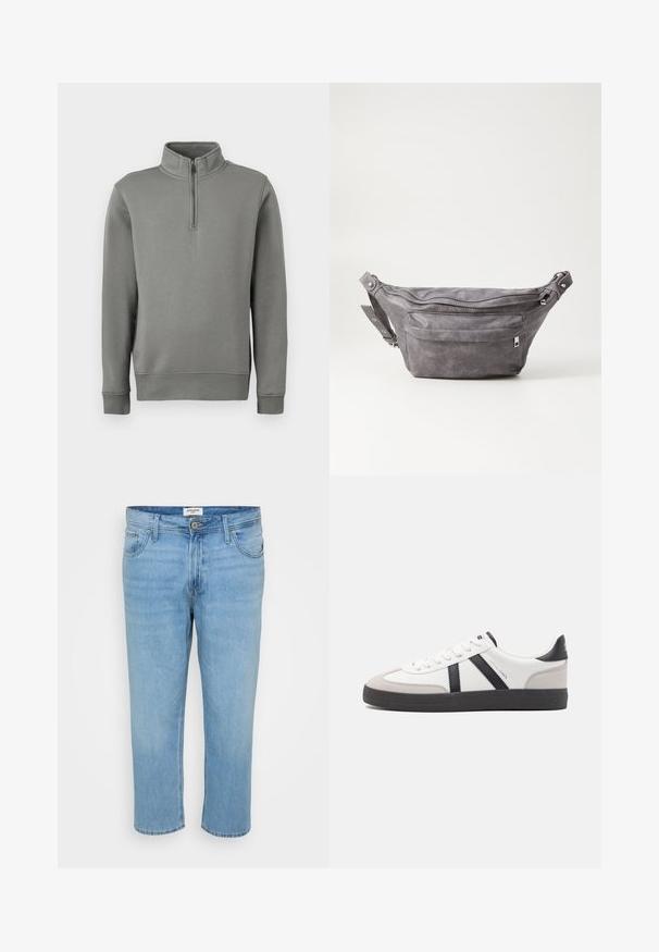 Šedé mikina s polovičným zipsom a ribovanými manžetami, s rovnou spodnou časťou. Vyrobené z jemnej látky s hladkou textúrou.; Svetlo modré džíny s voľným strihom, dizajnom piatich vreciek, gombíkovým zapínaním a viditeľnými švíkmi.; Biele tenisky s čiernymi a šedými akcentmi, s textúrovanou šedou špičkou, čiernou gumovou podrážkou a plochými bielymi šnúrkami. Čistý dizajn, minimalistický štýl.; Sivá semišová ľadvinka s okrúhlym tvarom, dvoma zipsovými priehradkami a nastaviteľným popruhom. Obsahuje kovové prvky.