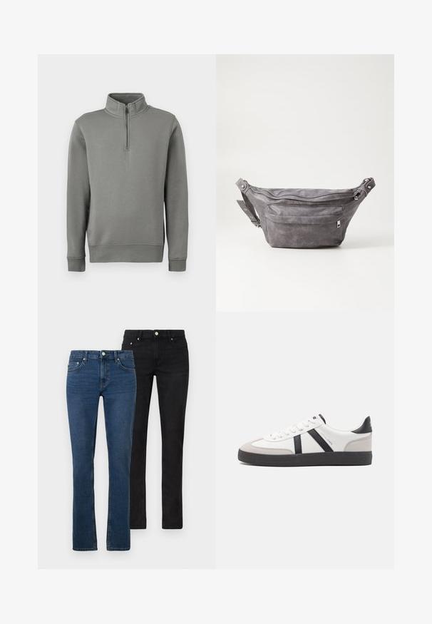 Pilkas megztinis su pusiau užtrauktuku ir tiesia apatine dalimi, su prailgintais rankogaliais. Pagamintas iš minkštos medžiagos su glotnia tekstūra.; Duos džinsų: vieni šviesiai mėlyni, kiti juodi. Abu yra tiesaus kirpimo, pagaminti iš džinsinio audinio, turi priekines kišenes ir metalinius mygtukus kaip akcentus.; Balti sportbačiai su juodais ir pilkais akcentais, pasižymintys tekstūruotu pilku pirštų dangteliu, juoda gumine padais ir plokščiomis baltomis raišteliais. Švarus dizainas, minimalistinis stilius.; Pilkas suedes fanny pack'as apvalios formos, su dviem užtraukiamais skyreliais ir reguliuojama diržele. Yra metaliniai aksesuarai.