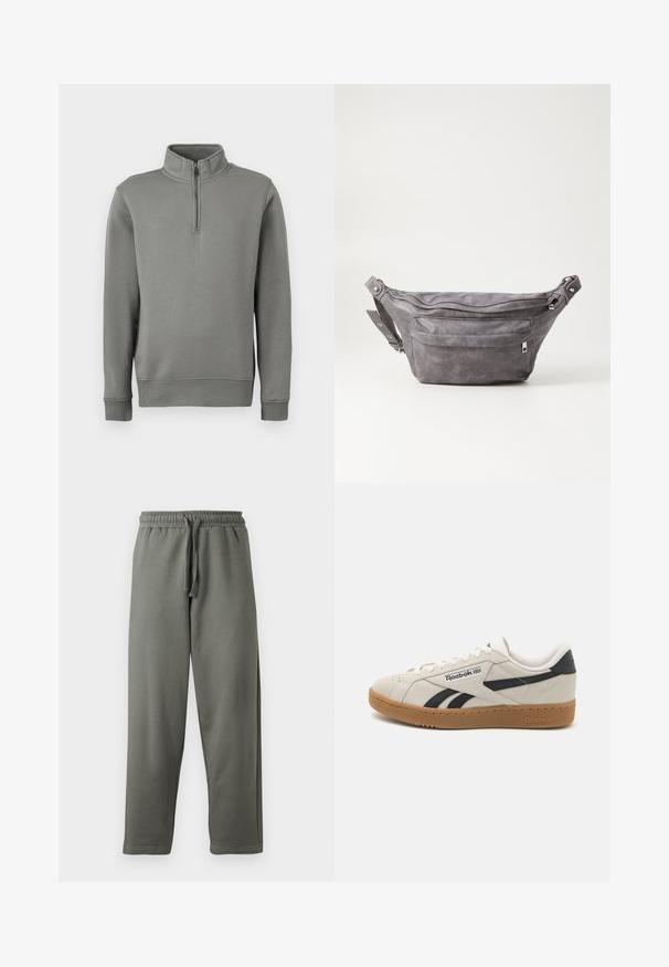 Gray pullover sweatshirt with a half-zip collar, ribbed cuffs, and a straight hem. Made of soft fabric with a smooth texture.; Gray sweatpants made of soft fabric with an elastic waistband and drawstring; features a straight-leg cut and minimal stitching details.; Reebok sneakers in beige suede with black accents. Features a gum rubber outsole, traditional lacing, and padded collar for comfort.; Gray suede fanny pack with a rounded shape, two zippered compartments, and adjustable strap. Features metal hardware accents.
