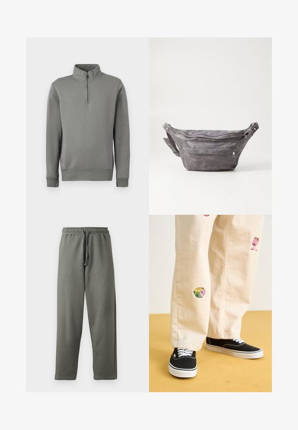 Grauer Pullover mit halbem Reißverschluss, gerippten Bündchen und geradem Saum. Hergestellt aus einem weichen Stoff mit glatter Textur.; Graue Jogginghosen aus weichem Stoff mit elastischem Bund und Kordelzug; sie haben einen geraden Beinausschnitt und minimale Nähte.; Beige Baumwollhosen mit verspielten, gestickten Motiven, darunter eine pinke Figur und bunte Blöcke, kombiniert mit schwarzen Schnürsneakern.; Graue Wildleder-Gürteltasche mit runder Form, zwei mit Reißverschluss verschlossenen Fächern und verstellbarem Trageriemen. Mit metallischen Hardware-Akzenten.