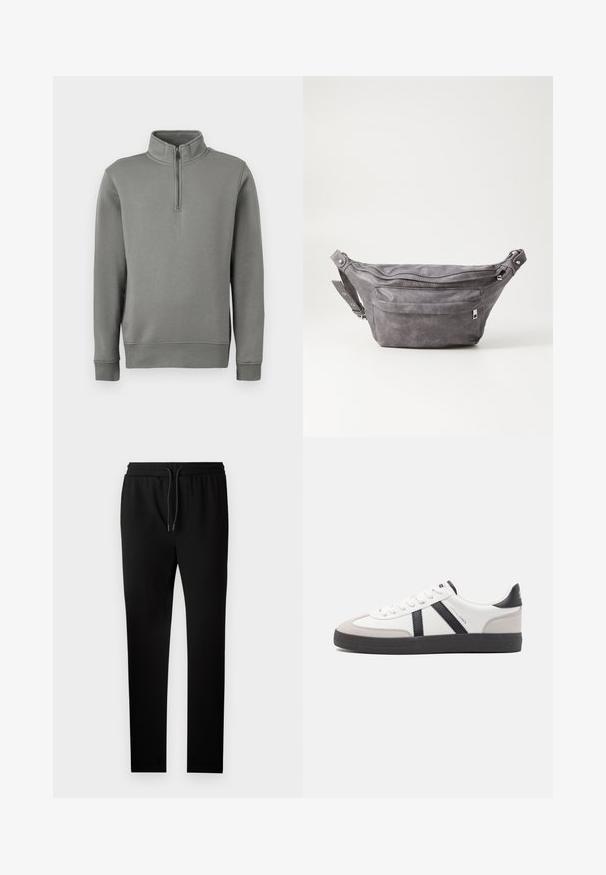 Šedé mikina s polovičným zipsom a ribovanými manžetami, s rovnou spodnou časťou. Vyrobené z jemnej látky s hladkou textúrou.; Čierne joggingové nohavice s prispôsobeným strihom, elastickým pásom a šnúrkou. Vyrobené z mäkkej tkaniny s hladkou textúrou a bez viditeľných vzorov.; Biele tenisky s čiernymi a šedými akcentmi, s textúrovanou šedou špičkou, čiernou gumovou podrážkou a plochými bielymi šnúrkami. Čistý dizajn, minimalistický štýl.; Sivá semišová ľadvinka s okrúhlym tvarom, dvoma zipsovými priehradkami a nastaviteľným popruhom. Obsahuje kovové prvky.