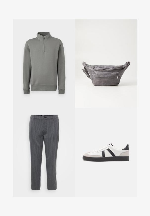 Grijze pullover sweatshirt met een halve ritssluiting, ribgebreide manchetten en een rechte zoom. Gemaakt van zachte stof met een gladde textuur.; Grijze broek met streepdessin, gemaakt van geweven stof, met een vlakke voorkant, riemlussen en een enkele knoopsluiting. Getailleerde pasvorm en gezoomde manchetten.; Witte sneaker met zwarte en grijze accenten, voorzien van een grijze neus met textuur, zwarte rubberen zool en platte witte veters. Schoon ontwerp, minimalistische stijl.; Grijze suède heuptas met een ronde vorm, twee met rits afgesloten compartimenten en een verstelbare band. Voorzien van metalen accenten.