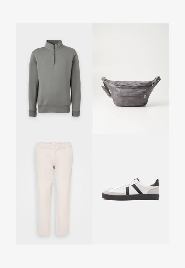 Pelēks džemperis ar pus-uzvalku, ribotām piedurknēm un taisnu apakšmalu. Izgatavots no mīksta auduma ar gludu tekstūru.; Beige kokvilnas bikses ar taisnu piegriezumu, aprīkotas ar pogu aizdari, jostu cilpām un bez redzamām rakstu vai tekstūru.; Baltas sneakeris ar melniem un pelēkiem akcentiem, kuram ir teksturēts pelēks purngals, melna gumijas zole un plakanas baltas šņores. Tīrs dizains, minimālisma stils.; Pelēks zamšādas jostas somiņa ar noapaļotu formu, divām kabatām ar rāvējslēdzējiem un regulējamu siksnu. Iekļauj metāla aksesuārus.