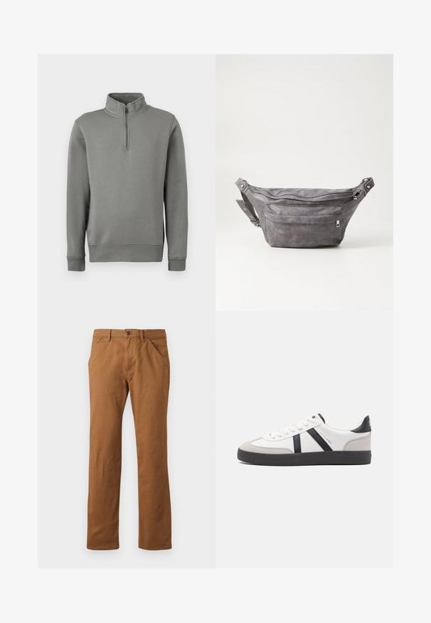 Siv pulover s kapuco in polovičnim zadrgo, z ribastimi manšetami in ravnim robom. Narejen iz mehke tkanine z gladko teksturo.; Rjave bombažne hlače s ravnim krojem, opremljene z gumbom, stranskimi žepi in gladko teksturo. Primerne za vsakodnevno nošenje.; Bela športna obutev z črnimi in sivo akcenti, z teksturirano sivo kapico za prste, črnim gumijastim podplatom in ravnimi belimi vezalkami. Čista zasnova, minimalistični slog.; Sivkasta zamšasta torbica s okroglo obliko, dvema žepoma na zadrgo in nastavljivim trakom. Ima kovinske dodatke.