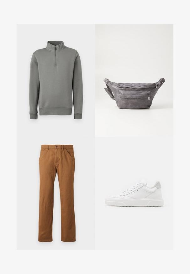 Šedý pulovrový svetr s polo zipem, ribovanými manžetami a rovním lemem. Vyrobeno z měkké tkaniny s hladkou strukturou.; Hnědé bavlněné kalhoty s rovnými nohavicemi, vybavené knoflíkovým zapínáním, bočními kapsami a hladkou strukturou. Vhodné pro volnočasové nošení.; Bílé kožené tenisky s hladkým povrchem, zaoblenou špičkou, plochými tkaničkami a texturovanou podrážkou. Šedý semišový detail na patě.; Šedý semišový ledvinka s kulatým tvarem, dvěma zipovými přihrádkami a nastavitelným popruhem. Obsahuje kovové akcenty.