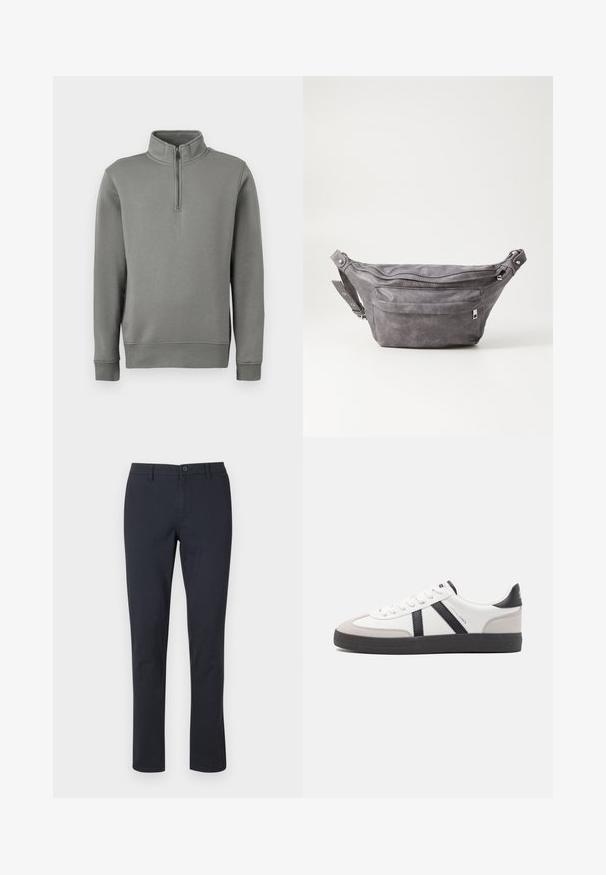 Šedý pulovrový svetr s polo zipem, ribovanými manžetami a rovním lemem. Vyrobeno z měkké tkaniny s hladkou strukturou.; Černé bavlněné kalhoty se středně širokým střihem, zapínáním na knoflík a bočními kapsami; hladká textura a bez viditelných vzorů.; Bílé tenisky s černými a šedými akcenty, opatřené texturovaným šedým prstovým krytem, černou gumovou podrážkou a plochými bílými tkaničkami. Čistý design, minimalistický styl.; Šedý semišový ledvinka s kulatým tvarem, dvěma zipovými přihrádkami a nastavitelným popruhem. Obsahuje kovové akcenty.