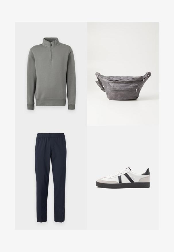 Sweat à capuche gris avec un col zippé à mi-hauteur, des poignets côtelés et un ourlet droit. Fabriqué en tissu doux avec une texture lisse.; Pantalon bleu marine avec une taille élastique, jambes droites, tissu léger et sans poches ni ornements visibles.; Baskets blanches avec des accents noirs et gris, présentant un embout texturé gris, une semelle en caoutchouc noir et des lacets plats blancs. Design épuré, style minimaliste.; Sac banane en suède gris avec une forme arrondie, deux compartiments zippés et une sangle réglable. Comprend des accents en métal.