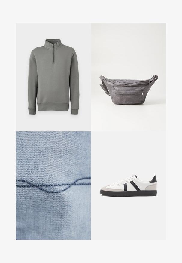 Šedý pulovrový svetr s polo zipem, ribovanými manžetami a rovním lemem. Vyrobeno z měkké tkaniny s hladkou strukturou.; Světle modrý denimový materiál s viditelným zakřiveným švem. Textura vypadá hladce, se stejnorodým šitím ve tmavě modré nitě.; Bílé tenisky s černými a šedými akcenty, opatřené texturovaným šedým prstovým krytem, černou gumovou podrážkou a plochými bílými tkaničkami. Čistý design, minimalistický styl.; Šedý semišový ledvinka s kulatým tvarem, dvěma zipovými přihrádkami a nastavitelným popruhem. Obsahuje kovové akcenty.