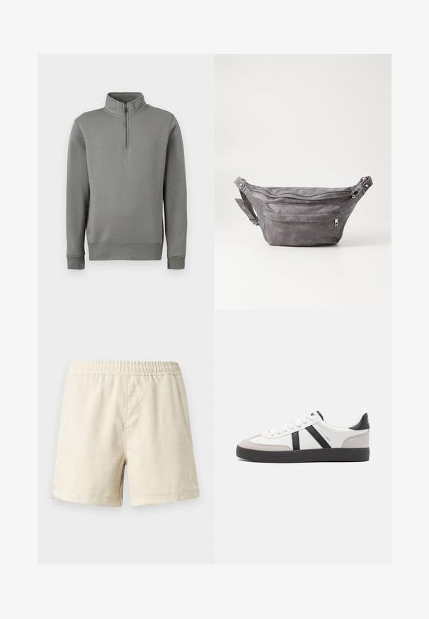 Pilkas megztinis su pusiau užtrauktuku ir tiesia apatine dalimi, su prailgintais rankogaliais. Pagamintas iš minkštos medžiagos su glotnia tekstūra.; Šviesiai rudos medvilninės šortai su elastingu juosmeniu, glotnia tekstūra ir sulenktais kraštais palei kojas. Paprastas dizainas, be kišenių ar puošmenų.; Balti sportbačiai su juodais ir pilkais akcentais, pasižymintys tekstūruotu pilku pirštų dangteliu, juoda gumine padais ir plokščiomis baltomis raišteliais. Švarus dizainas, minimalistinis stilius.; Pilkas suedes fanny pack'as apvalios formos, su dviem užtraukiamais skyreliais ir reguliuojama diržele. Yra metaliniai aksesuarai.