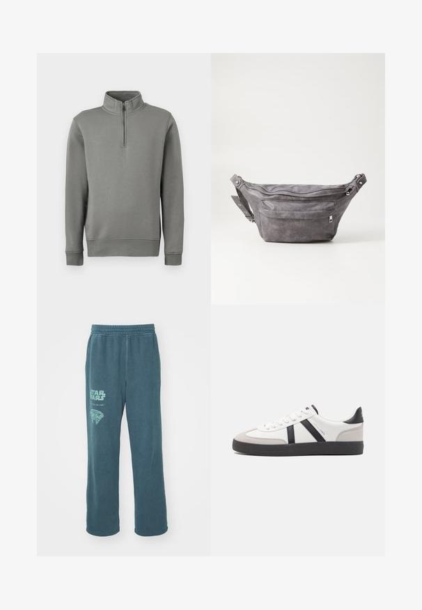 Grauer Pullover mit halbem Reißverschluss, gerippten Bündchen und geradem Saum. Hergestellt aus einem weichen Stoff mit glatter Textur.; Teal Baumwoll-Sweatpants mit einem elastischen Bund. Mit einem "Star Wars"-Grafik und einem Design, das dem Millennium Falcon auf dem linken Bein ähnelt.; Weiße Sneaker mit schwarz- und grau-aczenten, ausgestattet mit einer strukturierten grauen Zehenkappe, schwarzer Gummi-Sohle und flachen weißen Schnürsenkeln. Sauberes Design, minimalistische Stil.; Graue Wildleder-Gürteltasche mit runder Form, zwei mit Reißverschluss verschlossenen Fächern und verstellbarem Trageriemen. Mit metallischen Hardware-Akzenten.