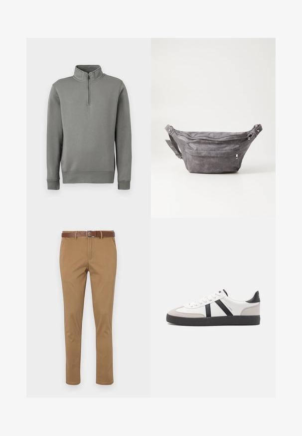 Grauer Pullover mit halbem Reißverschluss, gerippten Bündchen und geradem Saum. Hergestellt aus einem weichen Stoff mit glatter Textur.; Beige Chinos mit texturiertem Finish, ausgestattet mit schrägen Seitentaschen, einem Knopf- und Reißverschluss sowie einem braunen Ledergürtel.; Weiße Sneaker mit schwarz- und grau-aczenten, ausgestattet mit einer strukturierten grauen Zehenkappe, schwarzer Gummi-Sohle und flachen weißen Schnürsenkeln. Sauberes Design, minimalistische Stil.; Graue Wildleder-Gürteltasche mit runder Form, zwei mit Reißverschluss verschlossenen Fächern und verstellbarem Trageriemen. Mit metallischen Hardware-Akzenten.