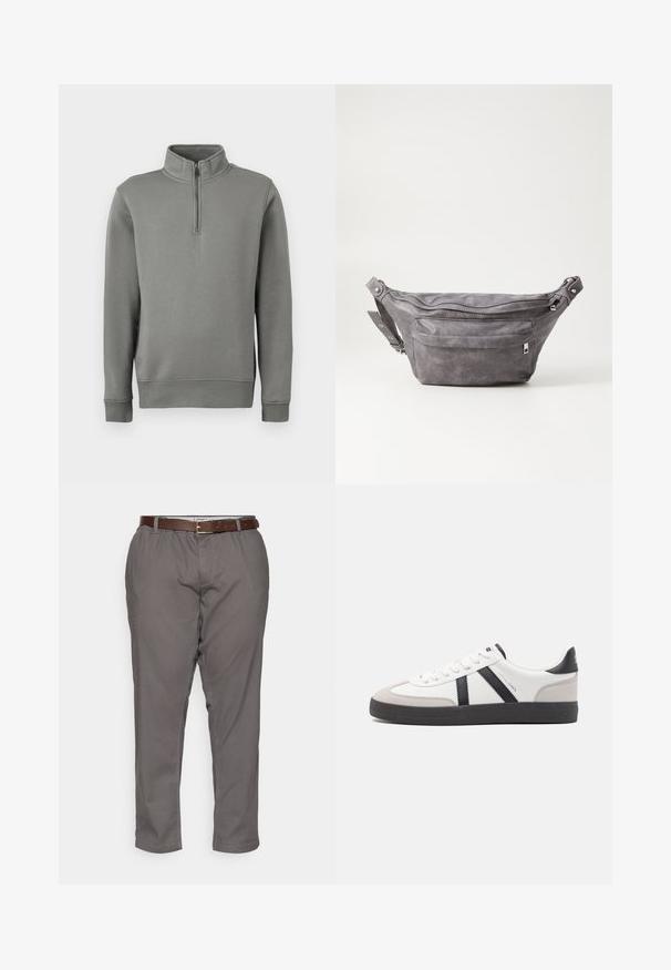 Felpa grigia con zip a metà collo, polsini a costine e orlo dritto. Realizzata in tessuto morbido con una texture liscia.; Pantaloni grigi con una vestibilità rilassata, dotati di una cintura in pelle marrone, tasche laterali e una trama di tessuto liscia. Orlati alla caviglia.; Sneaker bianco con accenti neri e grigi, dotata di una punta grigia testurizzata, suola in gomma nera e lacci bianchi piatti. Design pulito, stile minimalista.; Fanny pack in suede grigio con forma arrotondata, due scomparti con cerniera e tracolla regolabile. Presenta dettagli in metallo.