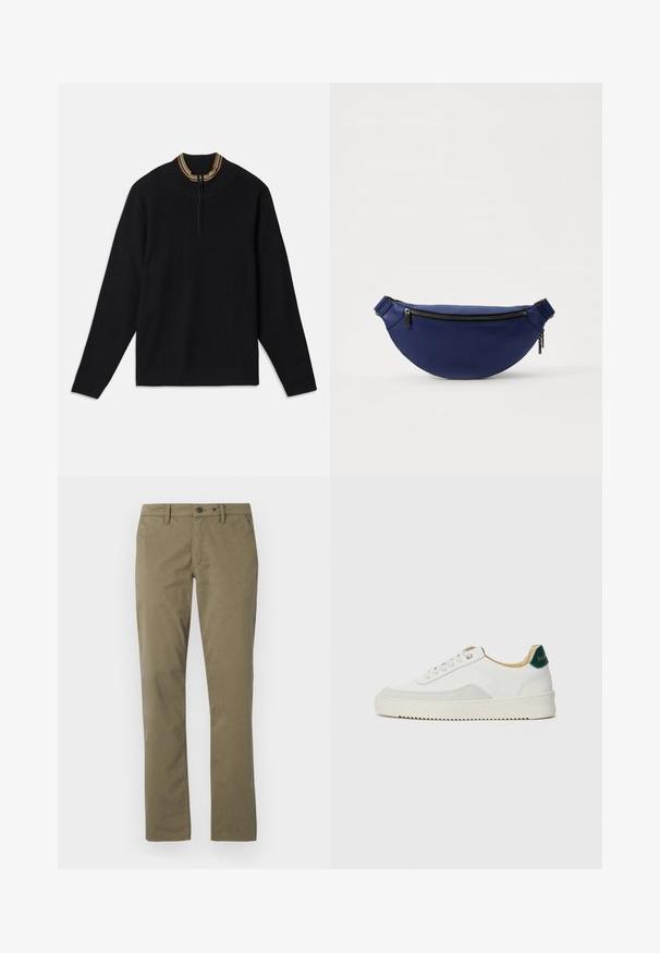 Črn rebrast pleten pulover s četrt zadrgo in večbarvnim črtastim ovratnikom. Dolgi rokavi in sproščen kroj. Mehak občutek.; Khaki hlače iz bombaža, s ravnim krojem, dvema sprednjima žepoma ter zapiranjem na gumb in zadrgo.; Bela trenerka z zaključki iz semiša, okroglo konico, ravne vezalke in kremna gumijasta podplata. Ima zeleno blagovno znamko na peti.; Mornarska usnjena torbica za pas polkrožne oblike, z zadrgo, nastavljivim pasom, teksturirano površino in kovinskimi zadrgami.