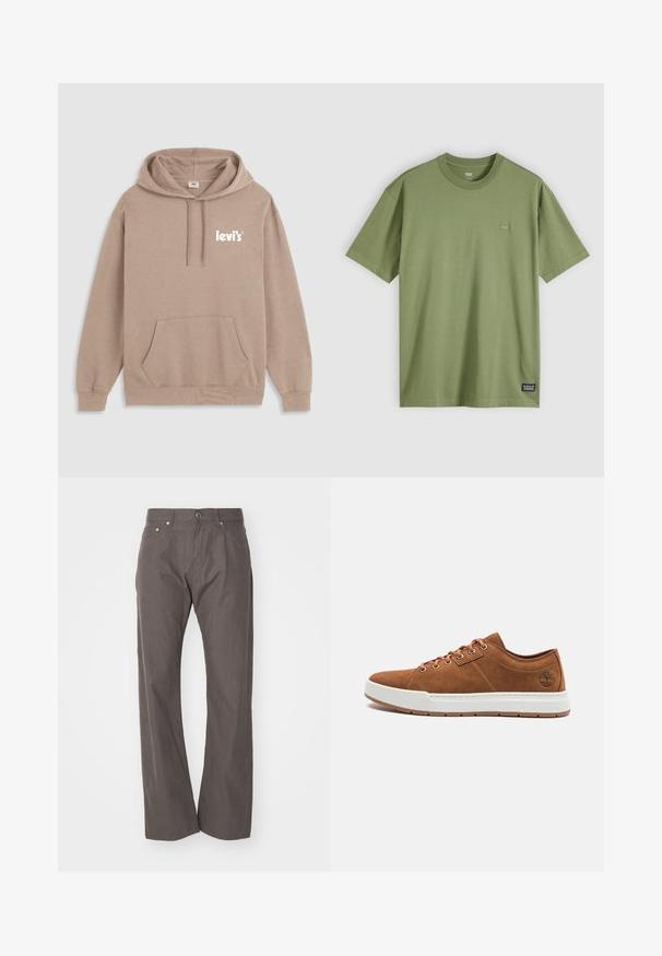 Sudadera con capucha beige, con un bolsillo frontal tipo canguro, capucha con cordones y el logo blanco de "levi's" en el pecho. Fabricada con una mezcla de telas suaves.; Camiseta de algodón verde oliva con cuello redondo y mangas cortas. Presenta un pequeño y discreto parche con el logotipo en el pecho y una etiqueta de marca tejida en el dobladillo.; Weekday SPACE RELAXED STRAIGHT - Pantalones - dark mole; Zapatillas de ante marrón con suela de goma blanca, punta redonda, seis ojales metálicos y detalle de logotipo embosado en el lateral. Diseño clásico con cordones.