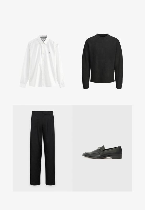 Czarny sweter dzianinowy z teksturowanym wzorem, okrągłym dekoltem i długimi rękawami. Materiał wydaje się gruby i przytulny.; Biała koszula z długim rękawem, wykonana z bawełny. Posiada kołnierzyk zapinany na guziki, żółte guziki oraz małe logo homara w kolorze granatowym na lewej piersi.; Czarne spodnie wykonane z gładkiego materiału, z prostą nogawką, dwoma fałdami z przodu oraz standardowym paskiem z wypustkami na pasek.; Czarne skórzane mokasyny o gładkim wykończeniu, z haftowanym wzorem i dekoracyjnym akcentem z metalowego łańcucha na wierzchu. Płaska pięta.