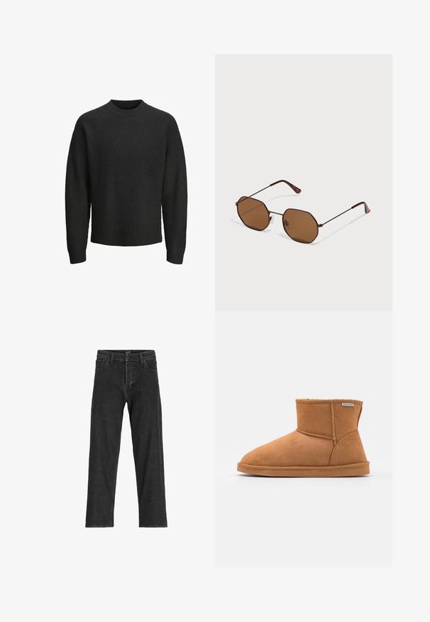 Fekete kötött pulóver texturált mintával, kerek nyakkivágással és hosszú ujjakkal. Az anyag vastagnak és kényelmesnek tűnik.; Fekete farmernadrág egyenes szárú dizájnnal, cipzáras záródással, övhurkokkal és hat zsebbel, tartós pamut keverékből készült.; Barna velúr bokacsizma lekerekített orral, puha belső béléssel, varrott részletekkel és gumitalppal. Az oldalon látható a márkacímke.; Barna, nyolcszögletű napszemüveg vékony, sötét fém kerettel, állítható orrpárnákkal és barna tónusú lencsékkel; a szárak narancssárga kiegészítést tartalmaznak.