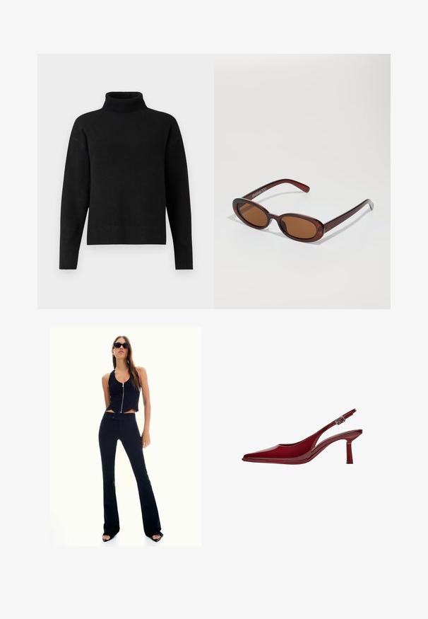 Musta poolkaelusneule, joka on valmistettu pehmeästä neulekankaasta. Siinä on ribbireunus, pitkät hihat ja rento istuvuus. Yksinkertainen ja monikäyttöinen muotoilu.; Mustat lyhyet topit, joissa on edessä vetoketju, yhdistetty korkeavyötäröisiin mustiin liehuviin housuihin. Mallilla on tummat aurinkolasit ja korkeakorkoiset sandaalit.; Bershka Avokkaat - dark red; Pyöreät, ruskehtavat aurinkolasit, joissa on kiiltävä burgundinpunainen runko. Kapeat sivut, joissa on hienovarainen brändäys. Litteät linssit.; Musta nahkanauha, jossa on kukkamallinen riipus, jossa on viisi terälehteä ja hopeakoristeet keskellä, varmennettu säädettävillä naruilla.