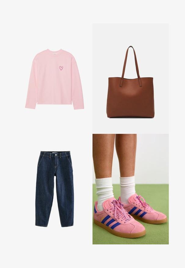 Heled roosa pika varrukaga dressipluus, mis on valmistatud pehmest kangast. Vasakul rinnal on väike tikand südamekujul. Ribistatud kaeluse ja varrukate ääred.; Tumedat sinised denim püksid, millel on vabalt istuv lõige, viis taskut, vööstangid ja kontrastsed kollased õmblused. Puhtad, tekstureeritud kangad.; Roosa nahast tossud siniste triipude ja sobivate kiledega. Omab tekstuurset kummist tallat ja sokitaolist valget ribakudumist sokki.; Pruun nahast tote-kott, millel on sile tekstuur, avatud ülaosa disain ja kaks õlarihma. Omab minimaalset õmblust ja nähtavat riistvara ei ole.