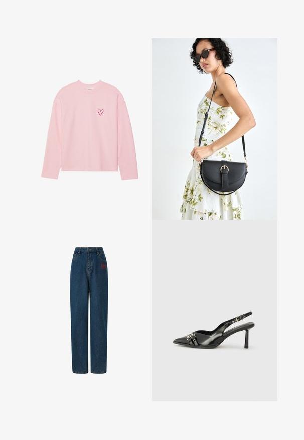 Lichtroze sweatshirt met lange mouwen, gemaakt van zachte stof. Kenmerkt zich door een klein geborduurd hartje op de linkerkant van de borst. Ribboord halslijn en manchetten.; Donkerblauwe denim jeans met een hoge taille, wijde pijpen, voortassen en een rood geborduurd logo aan de linkerkant. Schoon, klassiek ontwerp.; Zwarte gepolijste leren slingback schoenen met een puntige neus, enkelbandjes met zilveren gespen en hardware, en een slanke hak.; Zwarte leren handtas met een gebogen vorm, afneembare schouderband en gouden hardware. De tas heeft een klep met een gespsluiting.