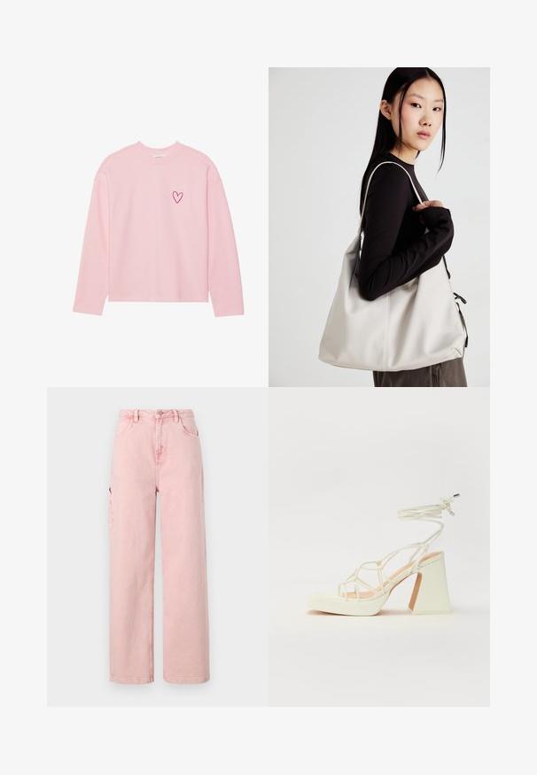 Gaiši rozā garām piedurknēm kreklā, kas izgatavots no mīkstas auduma. Iezīmēts ar mazu izšūtu sirdi kreisajā krūtīs. Ribota apkakle un piedurknes.; Gaišrozā, platā kāju džinsu bikses no džinsa auduma, ar piecām kabatām, pogu aizdari un nedaudz izbalējušu krāsu, lai radītu teksturētu izskatu.; Baltas augstpapēžu sandales ar masīvu papēdi, ar siksnu dizainu un potītes saistītiem elementiem. Gluda tekstūra ar platformu priekšpusē, lai nodrošinātu papildu augstumu.; Bežs rokassoma, izgatavota no mīksta materiāla, ar brīvu dizainu, izšūtu apdari un divām plecu siksnām. Piemērota ikdienas lietošanai.