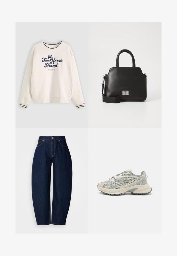 Lys beige hettegenser med marineblå logo tekst, stripete ribbestrikkede mansjetter og design med rund hals. Laget av myk stoff, med en avslappet passform.; Mørkeblå denimjeans med avslappet passform, rette ben, fem-lomme design og kontrasterende gul søm. Metallknappelukking i livet.; Lacoste joggesko i lys grå med mesh-overdel, gummisåle og teksturerte detaljer. Har en fremtredende logo på siden.; Svart syntetisk håndveske med topphåndtak, avtakbar skulderstropp, rund form, glatt tekstur og sølvfarget logo aksent på forsiden.