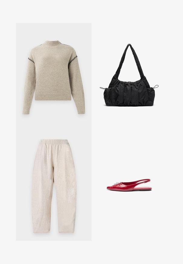 Bež kudumist s ribaga vale kaela, mansettide ja alumise äärega, millel on mustad nööbitõmbe detailid õlgadel ja ülemistel varrukatel.; Heledad beežid, vabalt istuvad püksid elastse vöökoha ja peene tekstuuriga. Otsekurgid kitsenevad veidi pahkluudel.; Punane nahast slingback tasane king, millel on terav nina ja dekoratiivne nöördetail ees, õhuke pahkluu rihm ja litte talla. ; Must mustriga käekott, millel on kogutud tekstuur, kaks õlarihma ja külgedel nöörkinnitus. Sujuv ja kerge materjal.