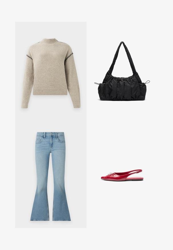 Bežs adīts džemperis ar ribotu augsto apkakli, pašām šuvēm un apakšmalu, kuram ir melni šuvuma dekori plecos un augšdelmos.; Gaiši zili džinsi ar platām kājām un augstu jostasvietu, piecpakāpju dizains, viegli fade efekts un plats apakšmalas; izgatavoti no auduma kokvilnas materiāla.; Sarkans ādas kurpes bez papēžiem ar smailu purngalu un dekoratīvu šnīrēšanas detaļu priekšpusē, ar šauru potītes siksniņu un platu zoli.; Melnas auduma rokassoma ar sakrautu tekstūru, divām plecu siksnām un nostiprināšanas auklām sānos. Gluds, viegls materiāls.