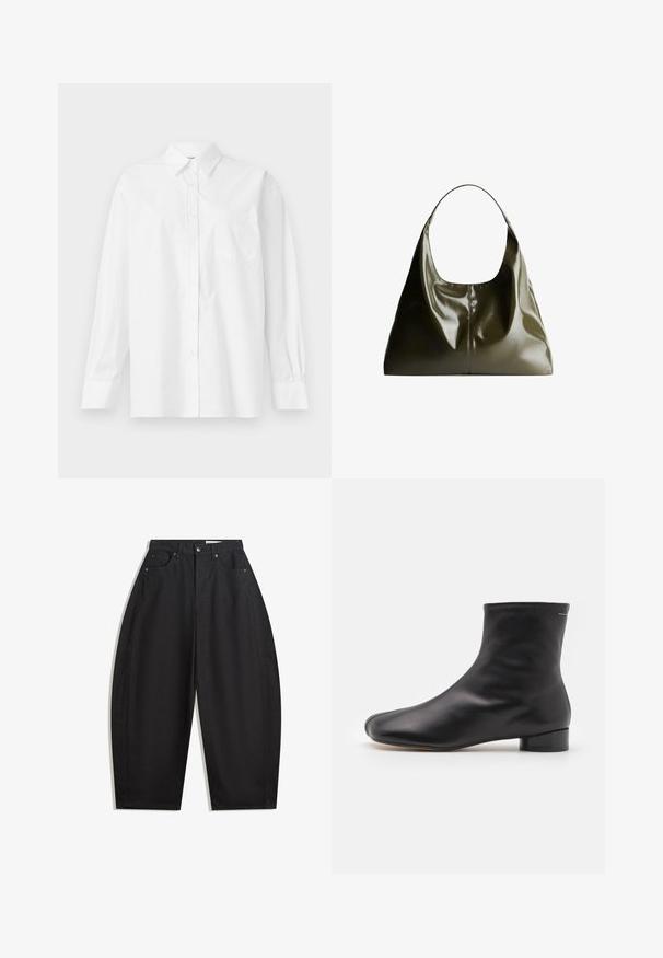 Lys grå strikket langærmet sweater med ribbet kant og manchetter, med en V-hals og afslappet pasform.; Hvid langærmet skjorte lavet af bomuld, med klassisk krave, knaplukning og en enkelt brystlomme på venstre side.; Sorte vidde bukser lavet af bomuld, med høj talje, fem lommer og metalknaplukning. Glat tekstur uden synlige mønstre.; MM6 Maison Margiela BOOT - Støvletter - black; Olivengrøn, læder skuldertaske med en glat, blank finish. Har en afrundet top og blød, draperet form. Minimalistisk design.