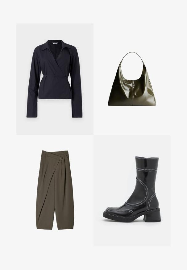Lichtgrijs gebreid langemouwen trui met een ribgebreide onderrand en manchetten, voorzien van een V-hals en een ontspannen pasvorm.; Zwarte wikkeltop van lichtgewicht stof. Voorzien van lange mouwen, een kraag en een strikceintuur voor een getailleerd silhouet.; Ruime broek in donkergroen stof, met een geplooide voorkant, een knoopsluiting en een gepolijste, gestructureerde afwerking.; Zwarte lakleren enkellaars met witte stiksels, ronde neus en blokhak. Kenmerkt zich door gebogen ontwerplijnen en een gladde textuur.; Olijfgroene leren schoudertas met een gladde, glanzende afwerking. Beschikt over een afgeronde bovenkant en een zachte, hangende vorm. Minimalistisch design.