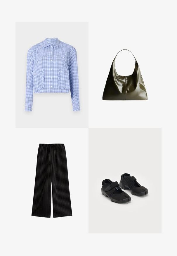 Jasnoszary, dziewiarski sweter z długim rękawem, z prążkowanym wykończeniem u dołu i na mankietach, z kołnierzem w kształcie litery V i luźnym krojem.; Skórzana koszula w niebiesko-białą kratę, z długimi rękawami, z przodu na guziki, kieszeniami z falbankami, sztywnym kołnierzem, gładkim bawełnianym materiałem.; Czarne spodnie o szerokich nogawkach w białe pionowe paski, z elastycznym paskiem w talii i sznurkiem do regulacji. Gładka faktura materiału, casualowy design.; Czarne buty wodne wykonane z elastycznego materiału z zapięciem na rzep, charakteryzujące się unikalnym podziałem palców oraz teksturowaną gumową podeszwą zapewniającą przyczepność.; Oliwkowa, skórzana torba na ramię o gładkim, błyszczącym wykończeniu. Posiada zaokrąglony wierzch i miękki, zwisający kształt. Minimalistyczny design.