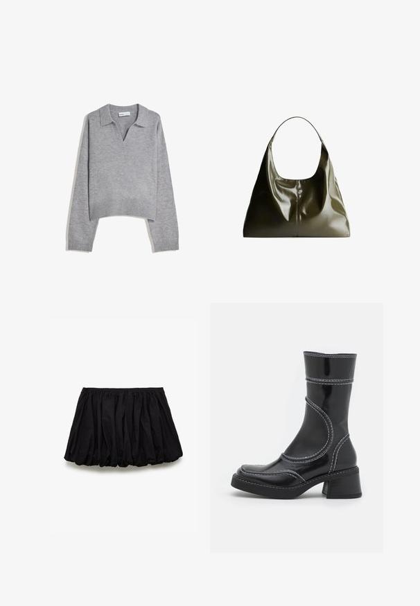 Lys grå strikket langærmet sweater med ribbet kant og manchetter, med en V-hals og afslappet pasform.; Sort nederdel lavet af bomuld, med en sammensat design, elastisk talje og en voluminøs form med en glat tekstur.; Sort patenteret læder ankelstøvle med hvid stikning, rund tå og blokhæl. Har buede designlinjer og en glat tekstur.; Olivengrøn, læder skuldertaske med en glat, blank finish. Har en afrundet top og blød, draperet form. Minimalistisk design.; Sølv rustfrit stål ur med firkantet kasse, hvid skive, analog og digital visning samt metal link armbånd. Vandtæt design.