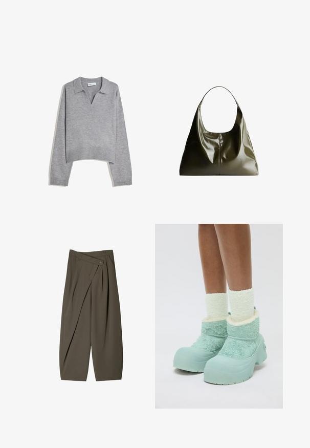 Pull en maille gris clair à manches longues avec un ourlet et des poignets côtelés, doté d'un col en V et d'une coupe décontractée.; T-shirt blanc à manches longues en coton, avec un col rond et une coupe décontractée. Le design est simple, sans motifs ou accents visibles.; Pantalons à coupe large en tissu vert olive foncé, avec une finition plissée à l'avant, une fermeture à bouton et une surface texturée brillante.; Jambes portant des chaussettes blanches épaisses et duveteuses et des bottes d'hiver chunky bleu clair avec un tissu texturé et des semelles en caoutchouc sur un fond blanc.; Sac à épaule en cuir vert olive avec une finition lisse et brillante. Présente un sommet arrondi et une forme douce et drapée. Design minimaliste.