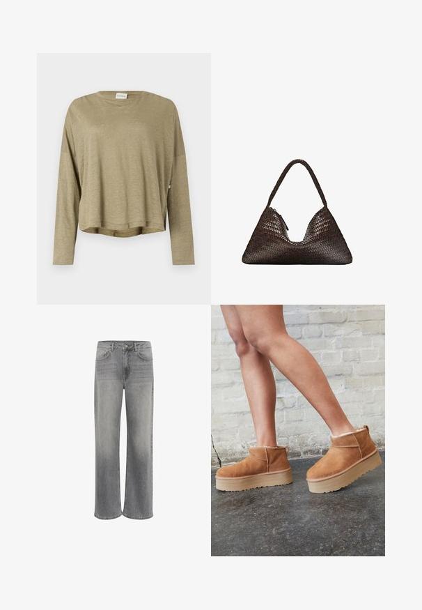 Ljusgrå stickad långärmad tröja med ribbad nederkant och ärmslut, med V-ringning och avslappnad passform.; Olivgrön långärmad T-shirt med avslappnad passform, rundad halsringning och mjukt, lätt tyg, med slitsar i sidorna vid fållen.; Breda jeans i grå denim, med hög midja, fem fickor, en knappstängning fram och subtil blekning på tyget.; Bruna mocka ankelskor med en fluffig foder, tjock beige plattformssula och en dragflik bak. Texturerad yta med synliga sömdetaljer.; Mörkbrun triangelformad vävd läderhandväska med ett enda flätat handtag och synlig dragkedjekloss på ena sidan.; Set om åtta silverringar, med olika mönster inklusive släta, texturerade och en med små pärlor. Funktioner inkluderar kurvor och detaljer.