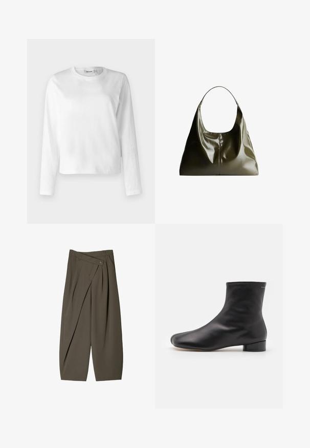 Svetlo šedý pletený sveter s dlhým rukávom, s rebrovaným lemom a manžetami, s výstrihom do V a voľným strihom.; Biela dlhá bavlnená tričko s dlhým rukávom, s okrúhlym výstrihom a voľným strihom. Dizajn je jednoduchý, bez viditeľných vzorov alebo akcentov.; Široké nohavice z tmavozelenej látky s plisovaným predným dizajnom, gombíkovým zapínaním a lesklým, textúrovaným povrchom.; MM6 Maison Margiela BOOT - Klasické členkové čižmy - black; Olivovo zelená kožená taška na rameno s hladkým, lesklým povrchom. Má zaoblený vrch a jemný, splývavý tvar. Minimalistický dizajn.